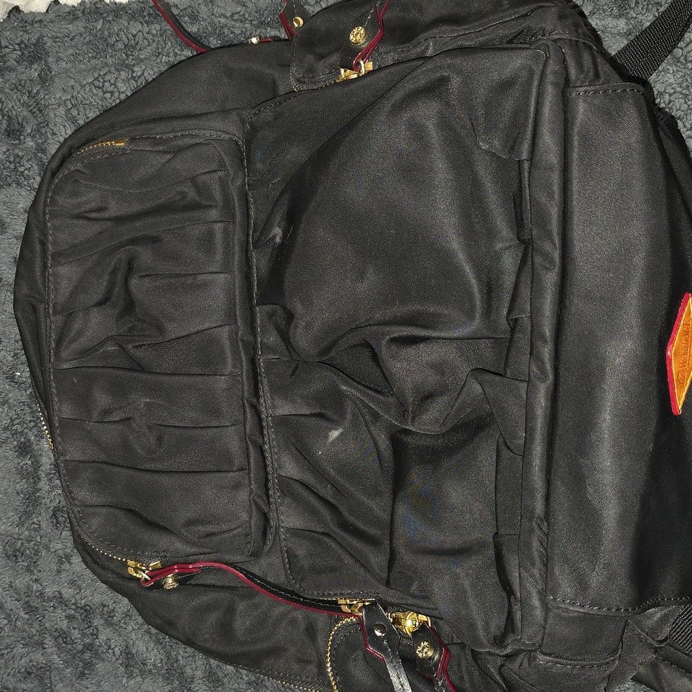 MZ Wallace Madelyn Black Backpack Bag with Tan Leather Patch 13x12x4 Inches